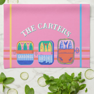 Retro Sardineblik Illustratie Roze Keuken Maatwerk Theedoek