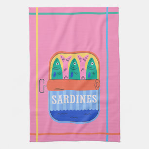 Retro Sardineblik Illustratie Roze Keuken Theedoek