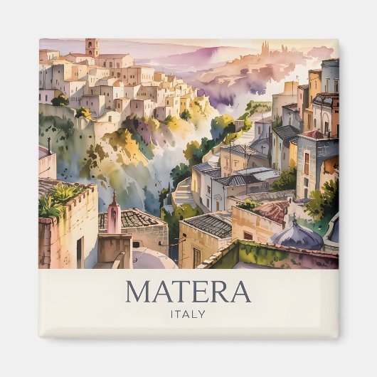 Retro Sassi di Matera Italy Travel Watercolor City Magneet (Voorkant)