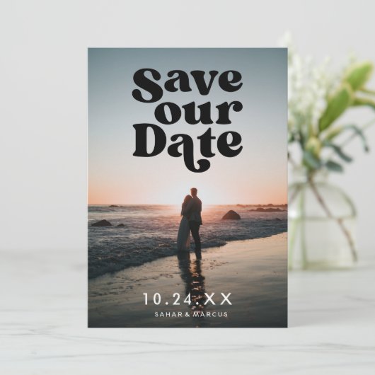 Retro Save our Date Black Photo Card Feestdagenkaart (Staand voorkant)