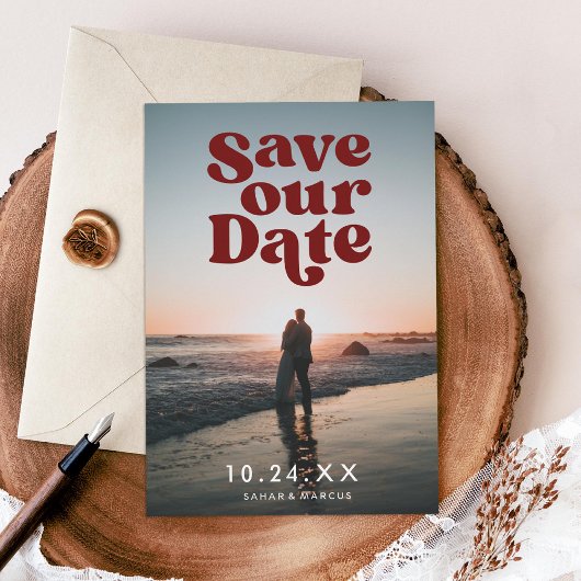 Retro Save our Date Burgundy Photo Card Feestdagenkaart