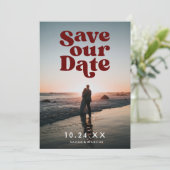 Retro Save our Date Burgundy Photo Card Feestdagenkaart (Staand voorkant)