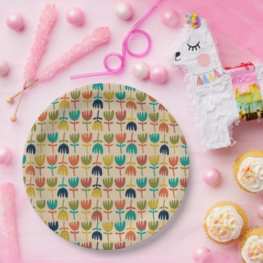 Retro Scandi Tulips Mideeuwse Floral Pattern Papieren Bordje (Feest)