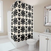 Retro Scandinavian Floral Pattern Black & Cream Douchegordijn (In situ)