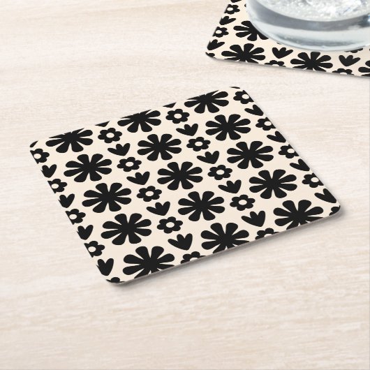 Retro Scandinavian Floral Pattern Black & Cream Kartonnen Onderzetters (Schuin)