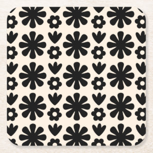 Retro Scandinavian Floral Pattern Black & Cream Kartonnen Onderzetters