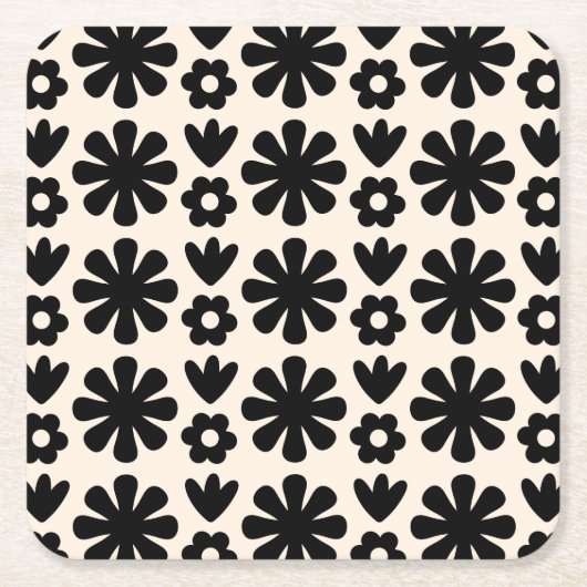 Retro Scandinavian Floral Pattern Black & Cream Kartonnen Onderzetters (Voorkant)