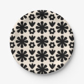 Retro Scandinavian Floral Pattern Black & Cream Papieren Bordje (Voorkant)