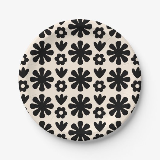 Retro Scandinavian Floral Pattern Black & Cream Papieren Bordje (Voorkant)