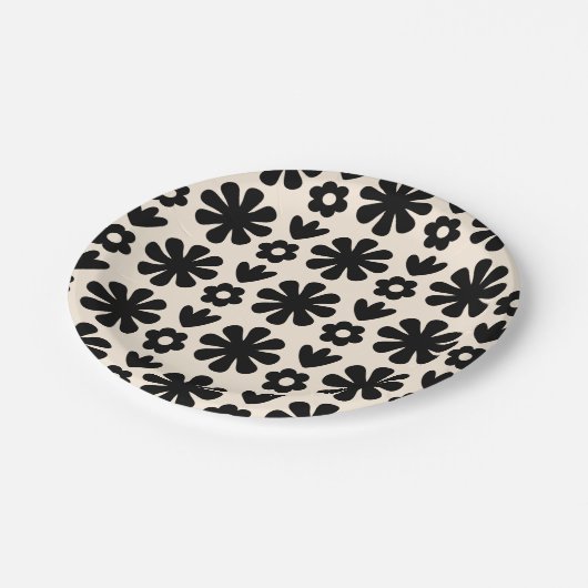 Retro Scandinavian Floral Pattern Black & Cream Papieren Bordje (Gekanteld)