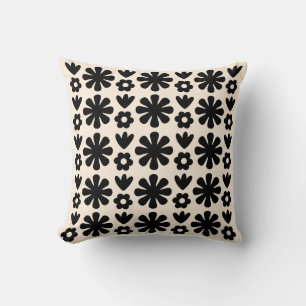 Retro Scandinavisch bloemenpatroon Zwart & Cream Kussen