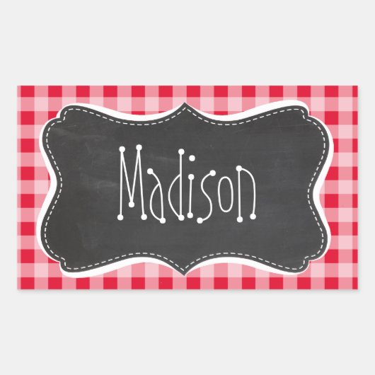 Retro Scarlet Red Gingham; Chalkboard look Rechthoekige Sticker (Voorkant)
