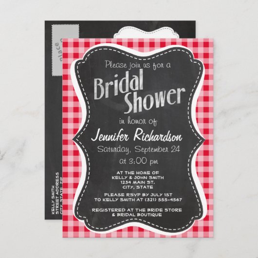 Retro Scarlet Red Gingham; Chalkboard look Uitnodiging Briefkaart (Voorkant / Achterkant)