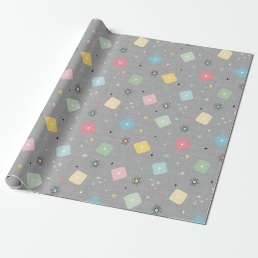 Retro Scattered Atomic Star Explosions Patroon Cadeaupapier (Uitgerold)