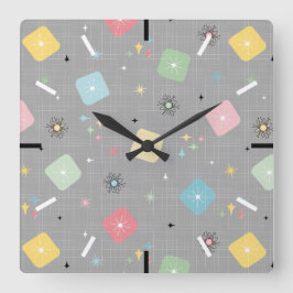 Retro Scattered Atomic Star Explosions Patroon Vierkante Klok