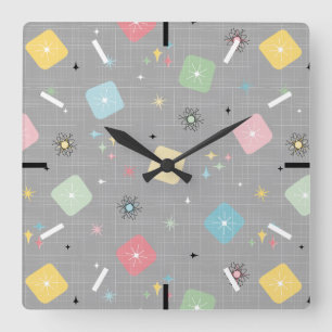 Retro Scattered Atomic Star Explosions Patroon Vierkante Klok