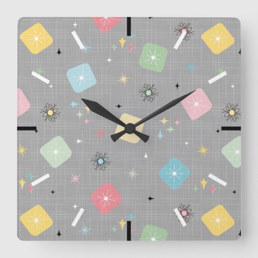 Retro Scattered Atomic Star Explosions Patroon Vierkante Klok (Voorkant)