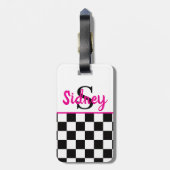 Retro Schaakbord Neon Roze Naam Monogram Bagagelabel (Achterkant verticaal)