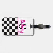 Retro Schaakbord Neon Roze Naam Monogram Bagagelabel (Achterkant horizontaal)