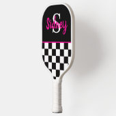 Retro Schaakbord Neon Roze Naam Monogram Pickleball Paddle (Links)