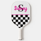 Retro Schaakbord Neon Roze Naam Monogram Pickleball Paddle (Achterkant)