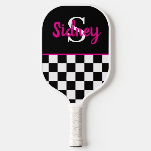 Retro Schaakbord Neon Roze Naam Monogram Pickleball Paddle (Voorkant)