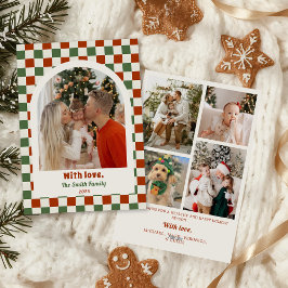 Retro Schachbrett Familie Foto Boog Kerstmis Feestdagenkaart