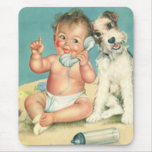 Retro Schattig Baby Praat op Telefoon Puppy Hond Muismat