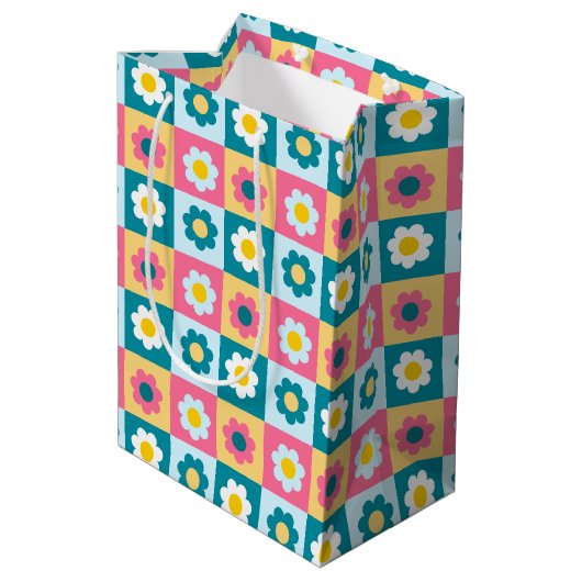 Retro Schattig Kleurrijk Pastel Bloemen Patroon Medium Cadeauzakje (Achterkant Gekanteld)