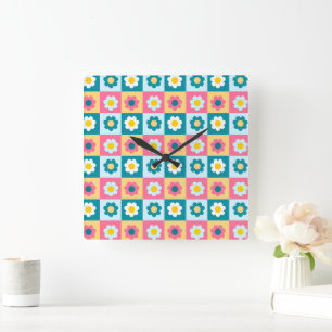 Retro Schattig Kleurrijk Pastel Bloemen Patroon Vierkante Klok