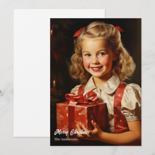 Retro schattig meisje met kerstcadeau feestdagenkaart (Voorkant / Achterkant)