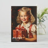 Retro schattig meisje met kerstcadeau feestdagenkaart (Staand voorkant)