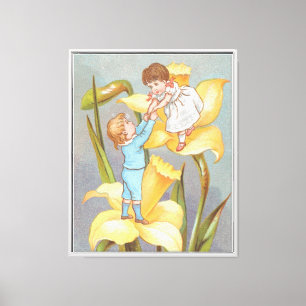 Retro Schattig Zoete Valentijn, kinderen en narcis Canvas Afdruk