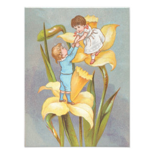 Retro Schattig Zoete Valentijn, kinderen en narcis Foto Afdruk