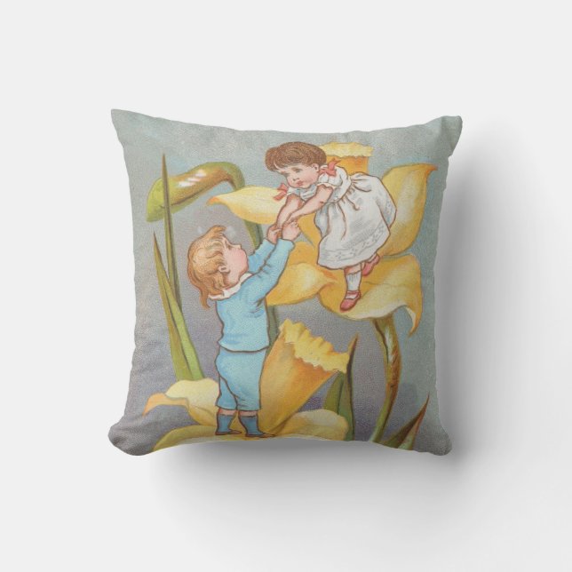 Retro Schattig Zoete Valentijn, kinderen en narcis Kussen (Voorkant)