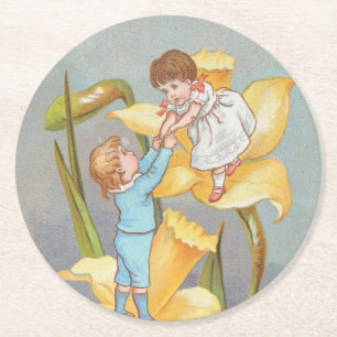 Retro Schattig Zoete Valentijn, kinderen en narcis Ronde Kartonnen Onderzetter