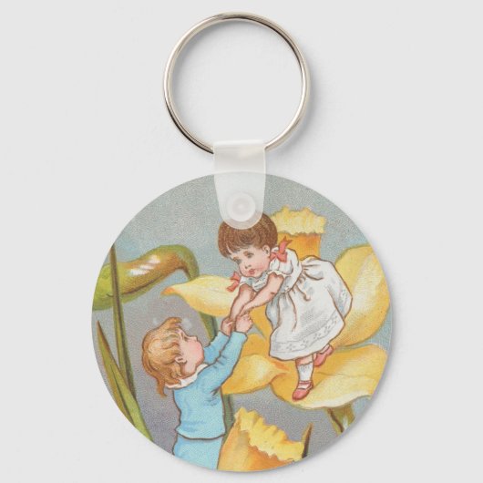 Retro Schattig Zoete Valentijn, kinderen en narcis Sleutelhanger (Voorkant)