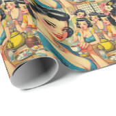 Retro Schattige Aziatisch meisje illustratie Cadeaupapier (Rol Hoek)