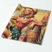 Retro Schattige Cowgirl Cadeaupapier (Uitgerold)