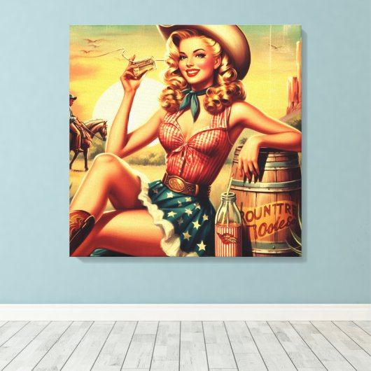 Retro Schattige Cowgirl Canvas Afdruk (Insitu (Houten vloer))