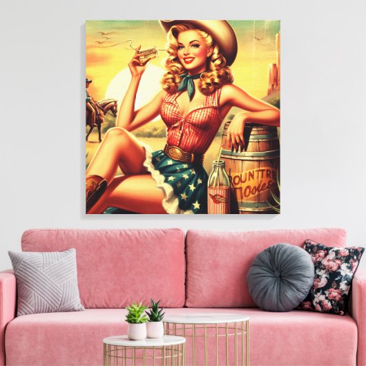 Retro Schattige Cowgirl Canvas Afdruk (Insitu (Woonkamer))