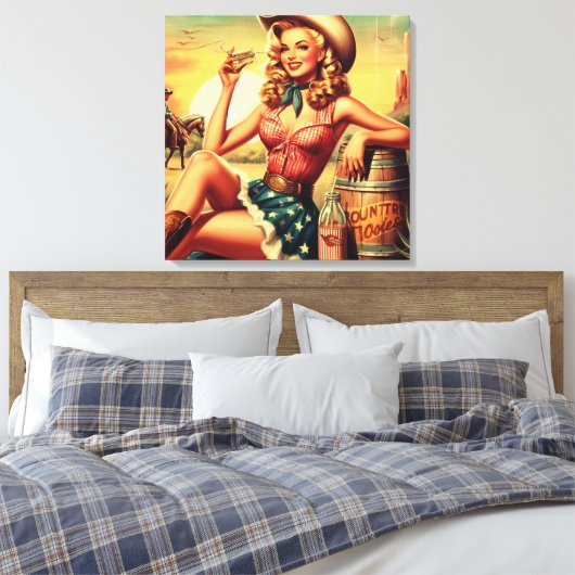 Retro Schattige Cowgirl Canvas Afdruk (Insitu (Slaapkamer))