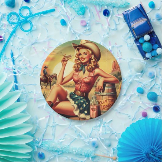 Retro Schattige Cowgirl Papieren Bordje (Feest)