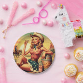 Retro Schattige Cowgirl Papieren Bordje (Feest)