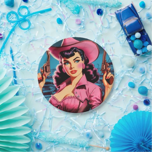 Retro Schattige Cowgirl Papieren Bordje (Feest)