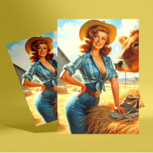 Retro Schattige Cowgirl Pin-up Briefkaart