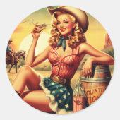 Retro Schattige Cowgirl Ronde Sticker (Voorkant)