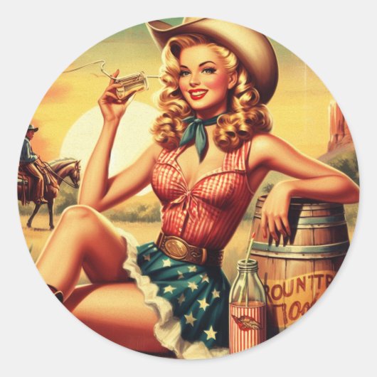 Retro Schattige Cowgirl Ronde Sticker (Voorkant)