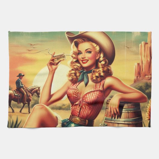 Retro Schattige Cowgirl Theedoek (Horizontaal)