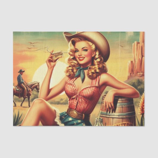Retro Schattige Cowgirl Tissuepapier (Voorkant)